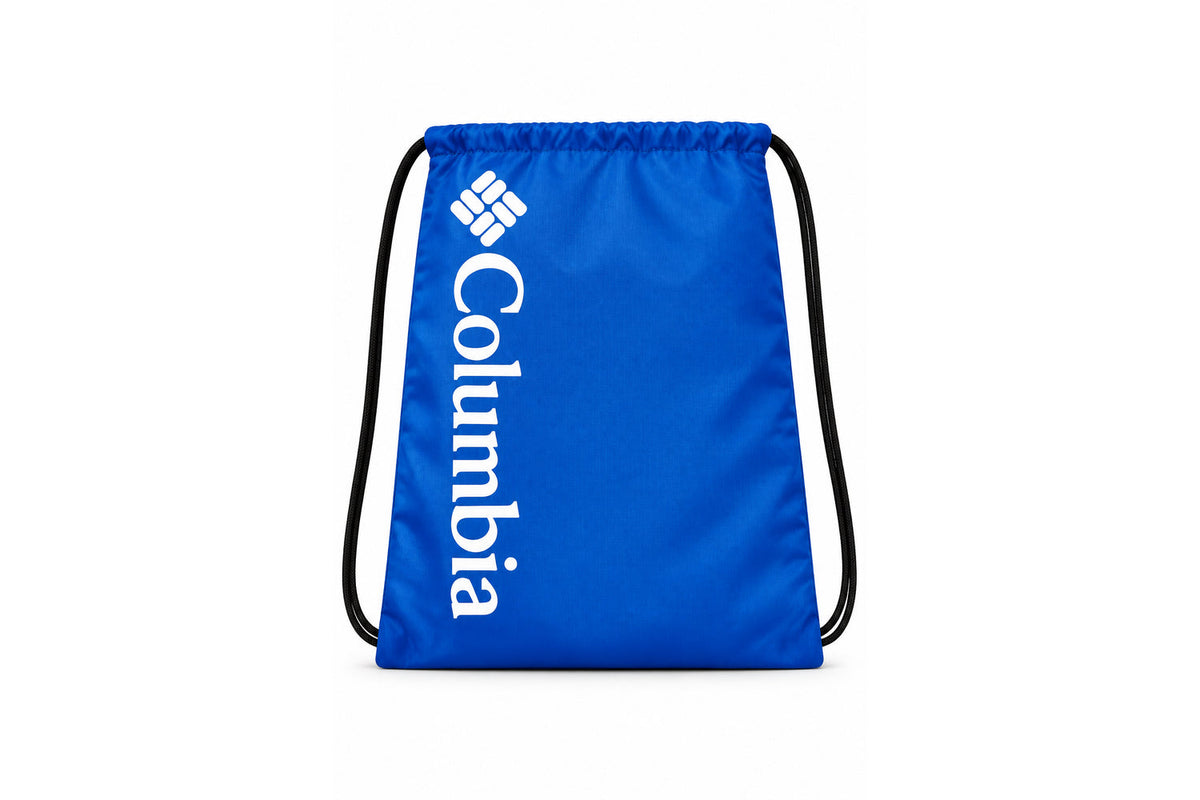 Gymsack Columbia azul con logotipo blanco y cordones negros