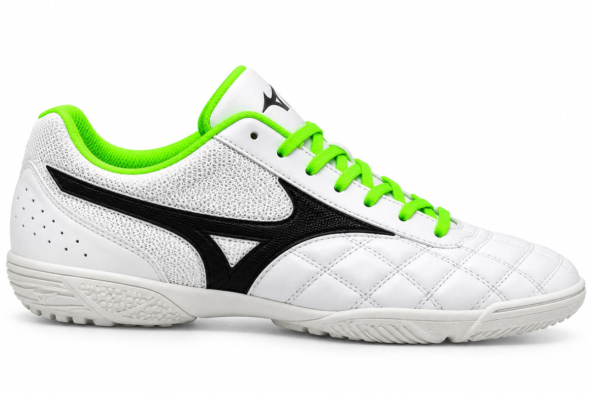 Mizuno Morelia Sala blanco y verde neón con logo negro