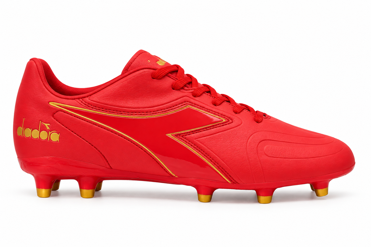 Tacos de fútbol Diadora color rojo y dorado con cierre de cordones