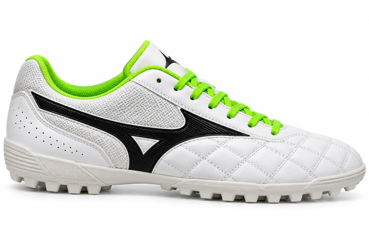 Mizuno Morelia TF blanco con cordones verde neón y logo negro