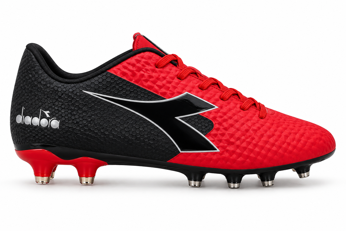 Tacos de fútbol Diadora color rojo y negro con cierre de cordones
